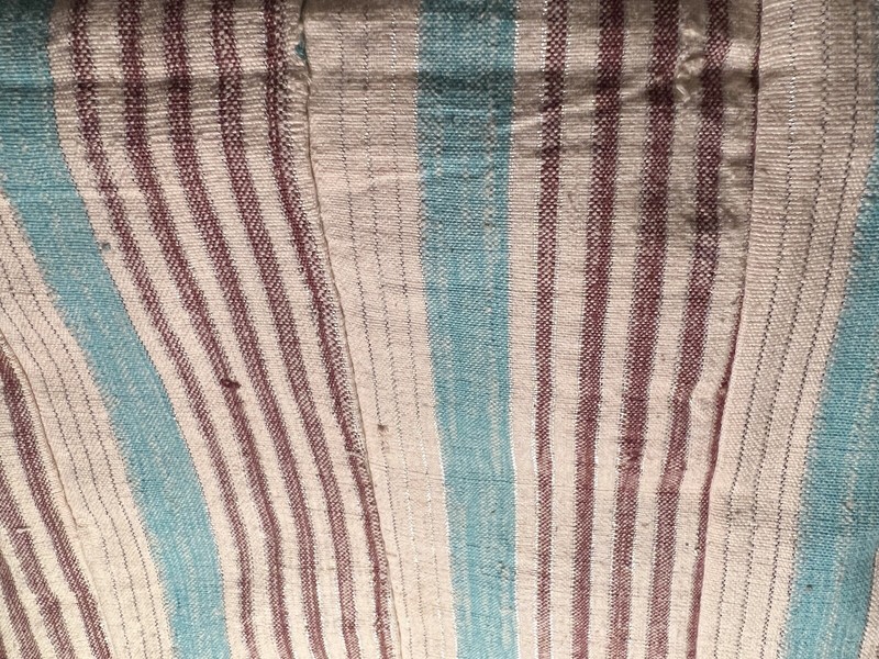 Nigerian Yoruban Aso Oke Cream Cyan Brown Silver Striped Textile 30” W x 71” H gallery