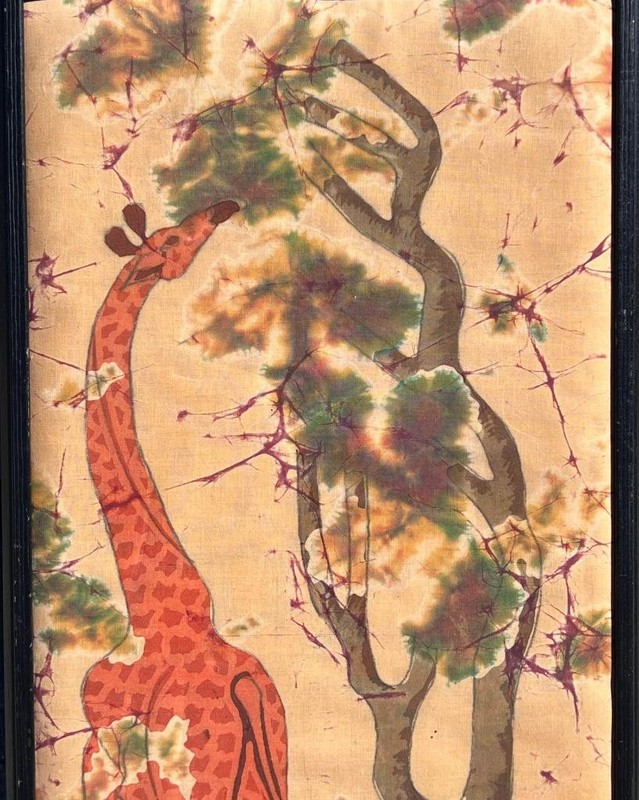 Vintage African Hand Dyed Batik Wax Fabric Cloth Giraffe Art Framed Signed gallery