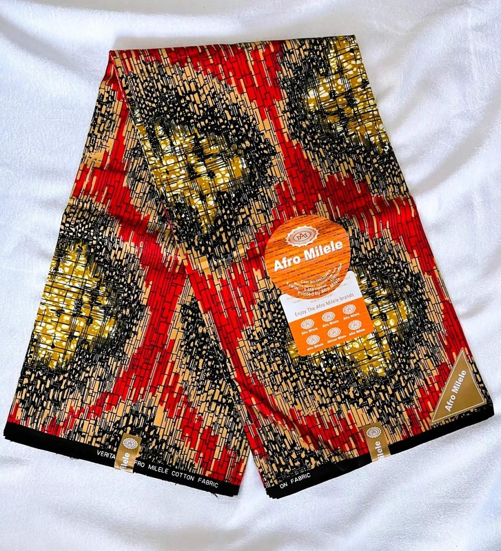 Premium Cotton Kitenge – Abstract Designs in Red, Black, Gold, and Beige on a Da gallery