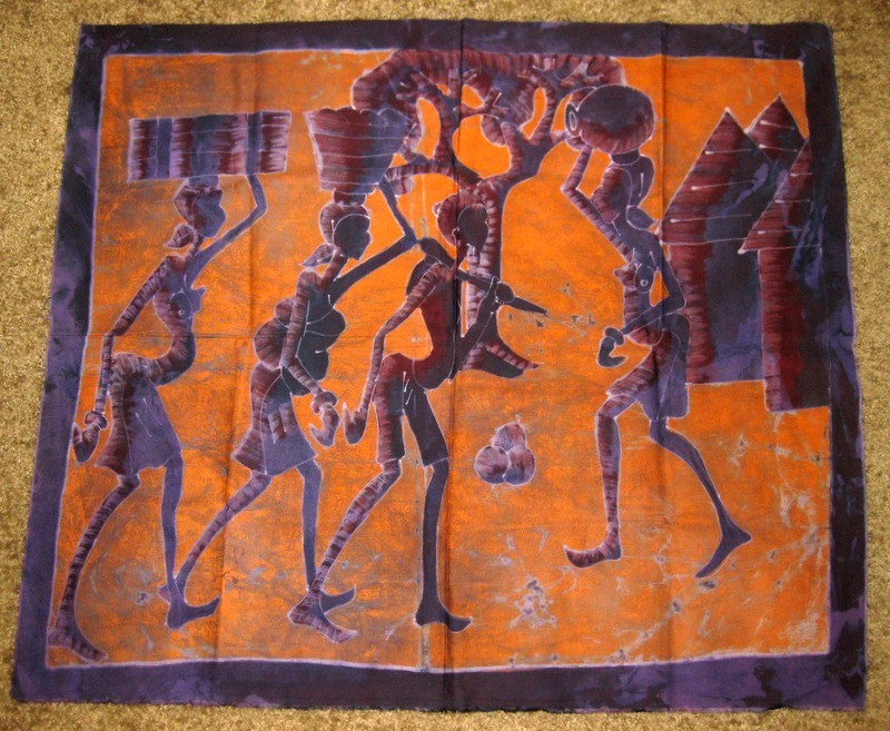 African Art Painted Cloth 31″ X 36″ Batik Fabric Purchased Ghana Women Village