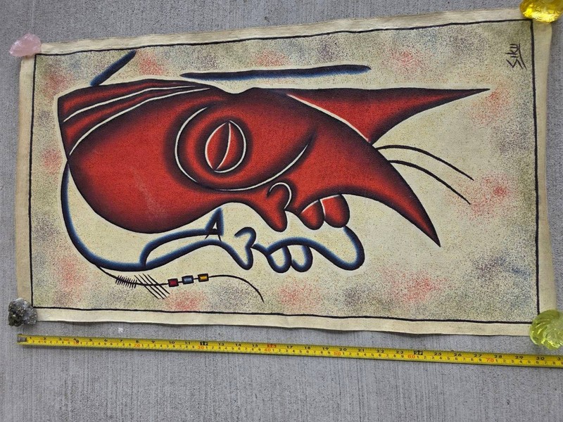 Vintage African Style Sand Art Textile Wall Hanging Signed “Siku” Abstract Faces gallery
