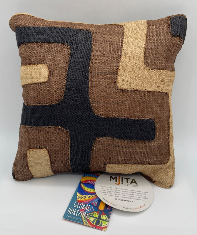 NWT Mini Kuba Cloth Raffia Accent Pillow 10x10" African Handmade Brown Black