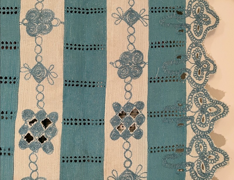 Nigerian Yoruban Aso Oke Blue White Embroidered Textile Tapestry 56” W x 76” H gallery