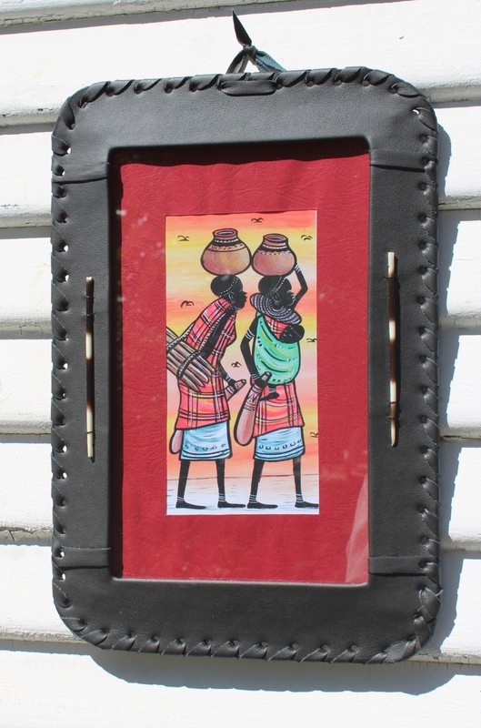 Vintage Africa Kenya Tribal Hand Painted Leather Bound Frame Women Baby