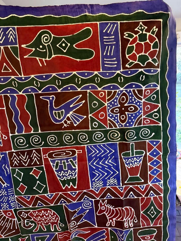 Vintage Large Folk Art Animals Batik African Wall Art, 74” x 60” gallery