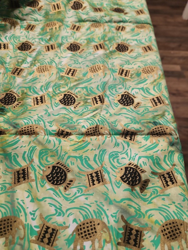 African Batik Fabric Metallic Gold & Black On Green Watercolor Fish Elephants gallery