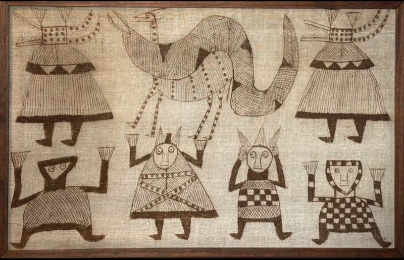 Framed Vintage African Senufo Tapestry Hand Painted Korhogo Cloth Textile