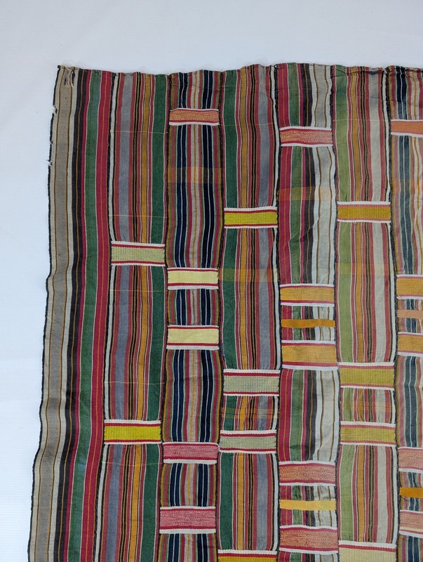 Vintage African Handwoven Patchwork Multicolor Kente Style Textile 96x70in gallery