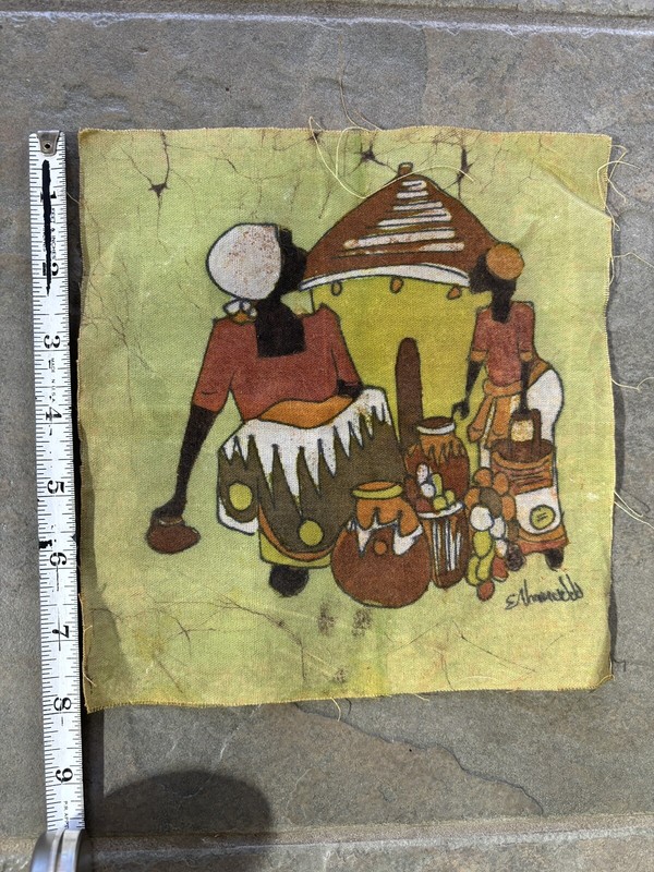 Vtg African Ethnic Batik Fabric Cloth Art Wall Decor Women Market Signed 7.5x8 gallery
