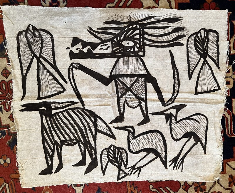 Vintage People Birds African Korhogo Hand Painted Mud Cloth Senufo 34″X28″ (E)