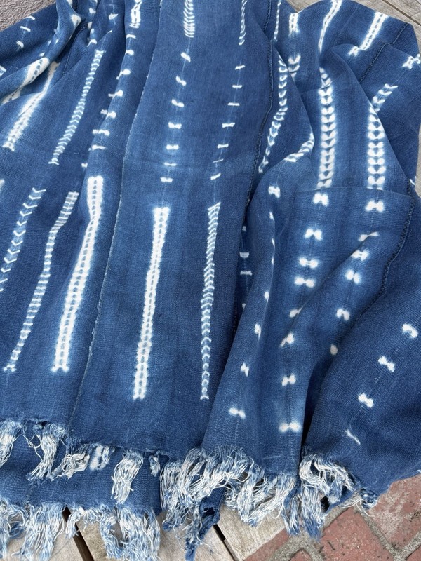 Vintage African Indigo Denim Shibori Mudcloth 61” L x 46” W Textile | No. 180