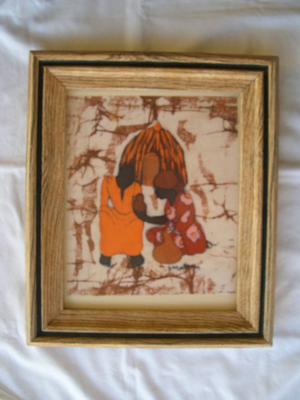 NATIVE AFRICAN VILLAGE SCENE MAN & WOMAN BY HUT FRAMED BATIK ART SIGNED