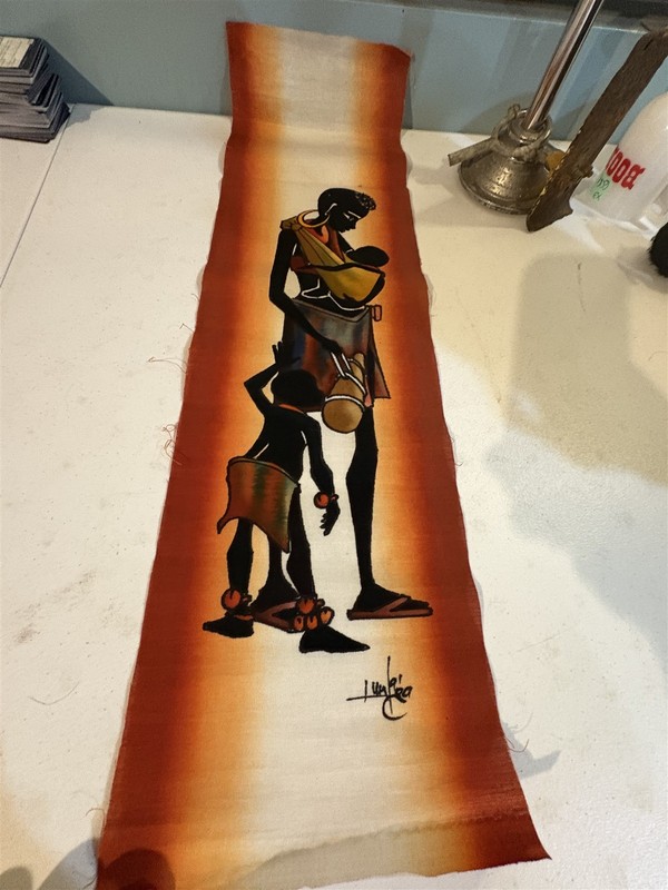 signed African Batik textile painting, 8 x 28 inches