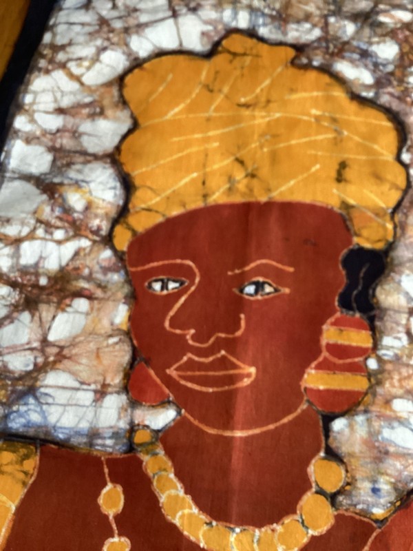 AFRICAN BATIK WALL HANGING 3 WOMEN COLORFUL NATIVE DRESS TEXTILE 32 x30" gallery
