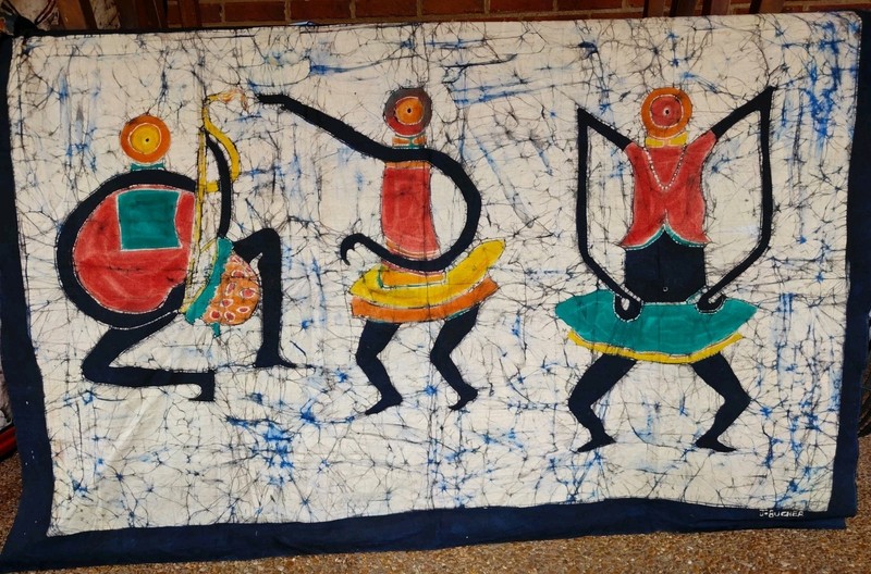 Authentic James Bucher Batik Cloth Painting Guinea West Africa Signed 4x3 ft