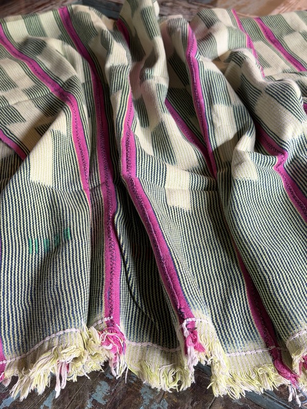 Vintage African Indigo + Lime + Pink Stripes Baule Mudcloth 55”L x 42”W | No. 74 gallery