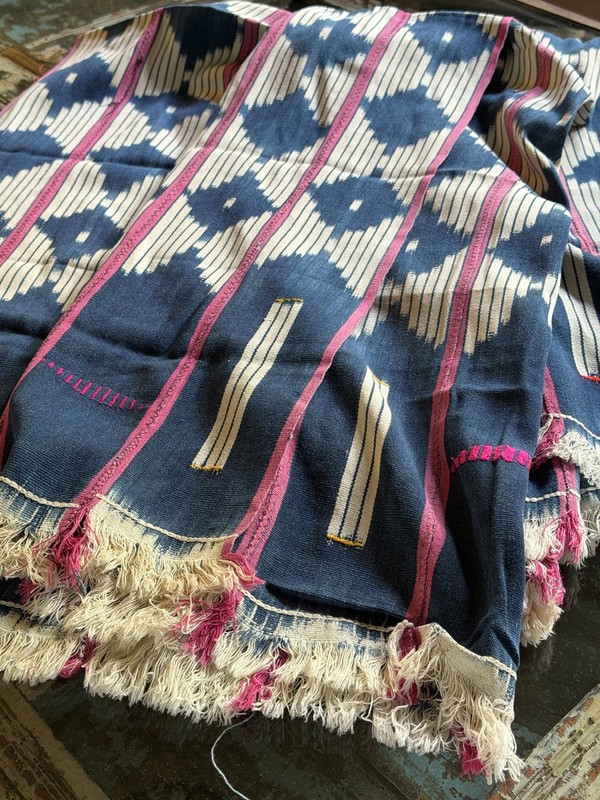 Vintage African Indigo Baule With Pink Stripes Mudcloth 58”L x 45”W | No. 81