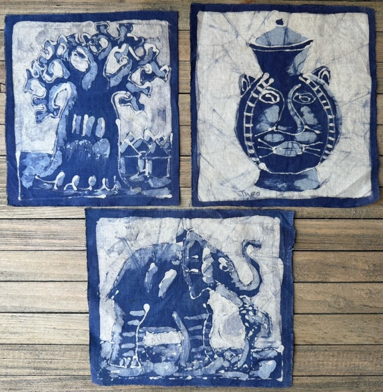 Vintage Batik Art Painting Cloth Africa Abstract No Frame 8.0”L x 7.5”W each