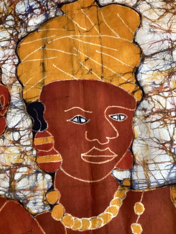 AFRICAN BATIK WALL HANGING 3 WOMEN COLORFUL NATIVE DRESS TEXTILE 32 x30" gallery