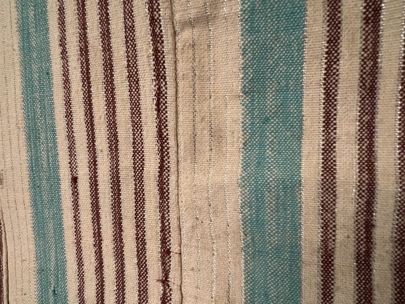 Nigerian Yoruban Aso Oke Cream Cyan Brown Silver Striped Textile 30” W x 71” H gallery
