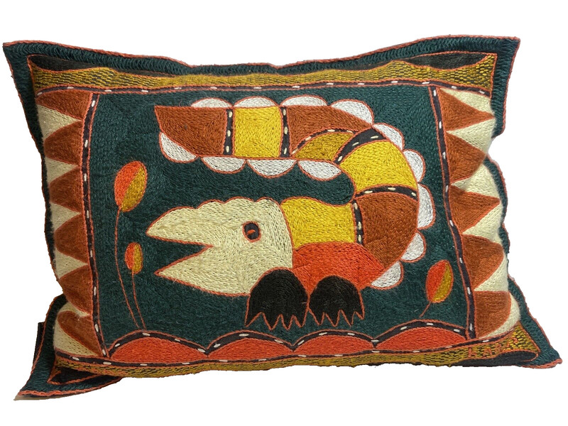 Kaross Embroidered Pillow Croc /Alligator Tapestry S Africa Signed