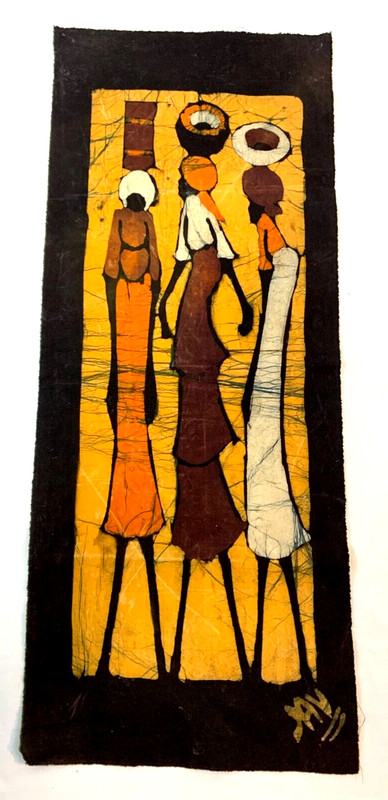 African Style Batik Fabric Cloth Panel ~ Three Women At Work ~ 21.5" x 8.75"