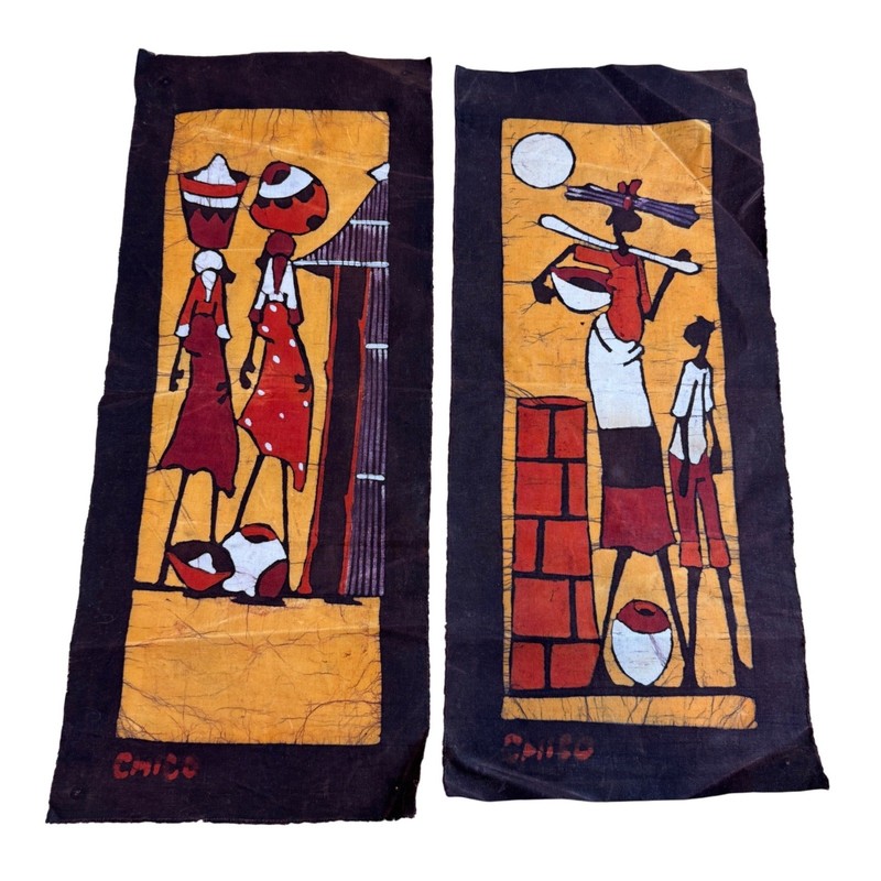 2 Chico Signed Handmade African Batik Fabric Art Panels Village Scene 9x22