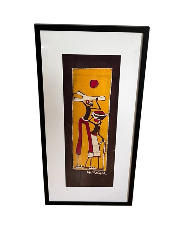 Vintage Framed Batik Fabric African Art Woman Sisters At Sunset Signed 15x30 gallery
