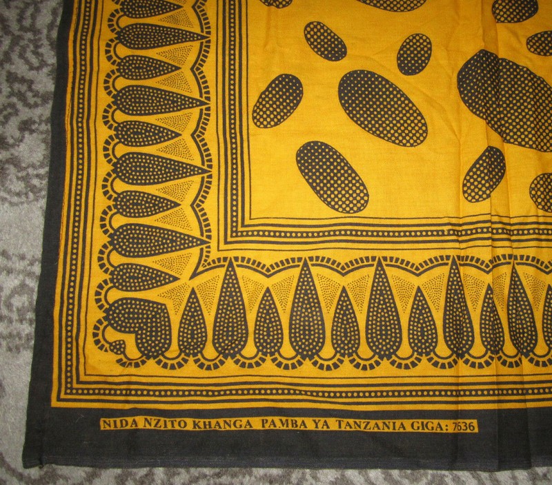 Vtg black yellow African textile fabric Nida Nzito Khanga Pamba Ya Tanzania Giga gallery