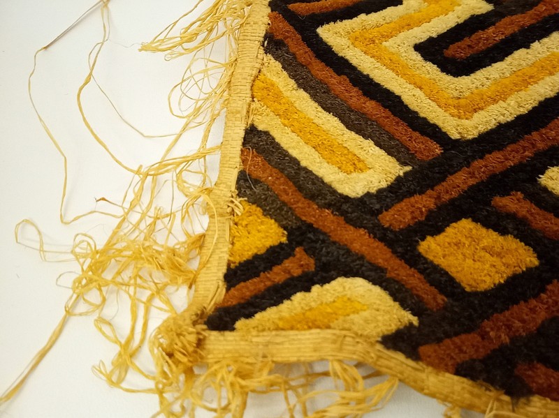 Vintage African raffia textile Kuba Kasai geometric 26x24" gallery