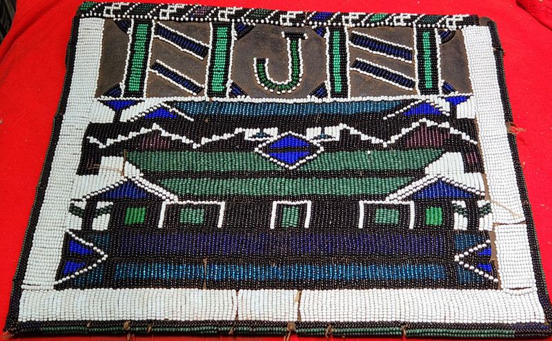 Vintage African Bead work panel 15 x 13″ on oil Canopy Heavy Cloth 52w6 aa