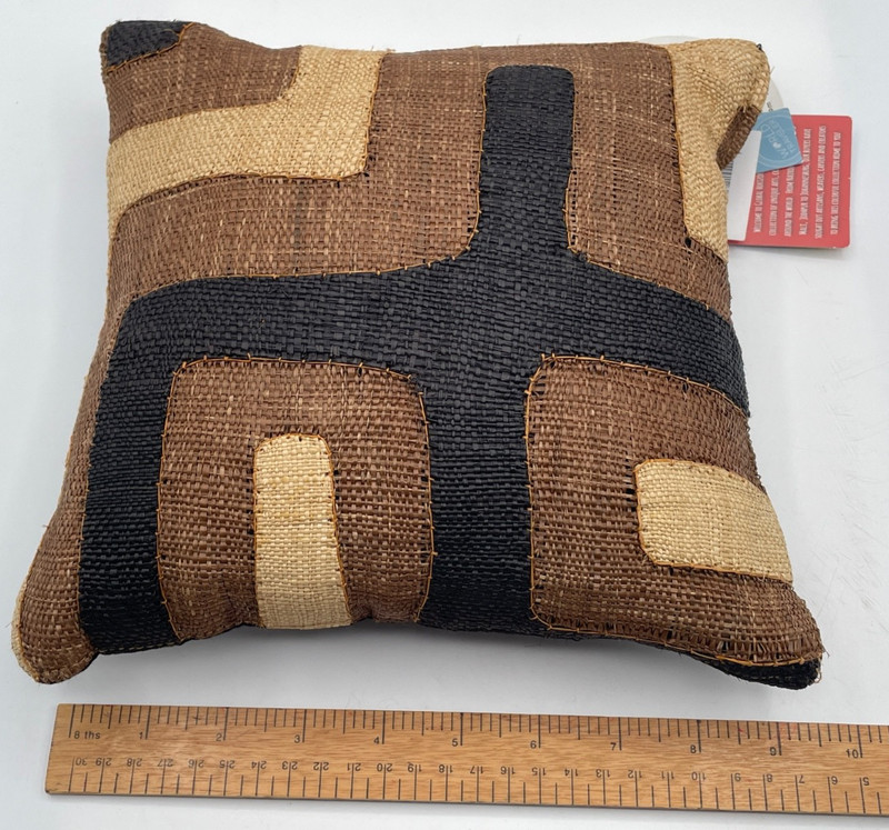 NWT Mini Kuba Cloth Raffia Accent Pillow 10x10" African Handmade Brown Black gallery
