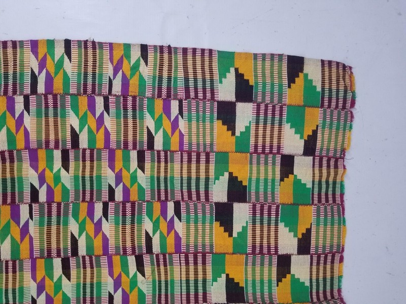 Vintage African Kente Cloth Handwoven Patchwork Ghanaian Textile 64x45in gallery
