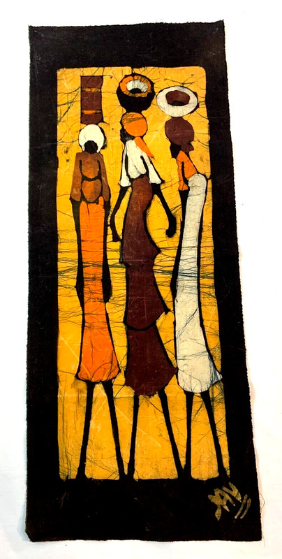 African Style Batik Fabric Cloth Panel ~ Three Women At Work ~ 21.5" x 8.75" gallery