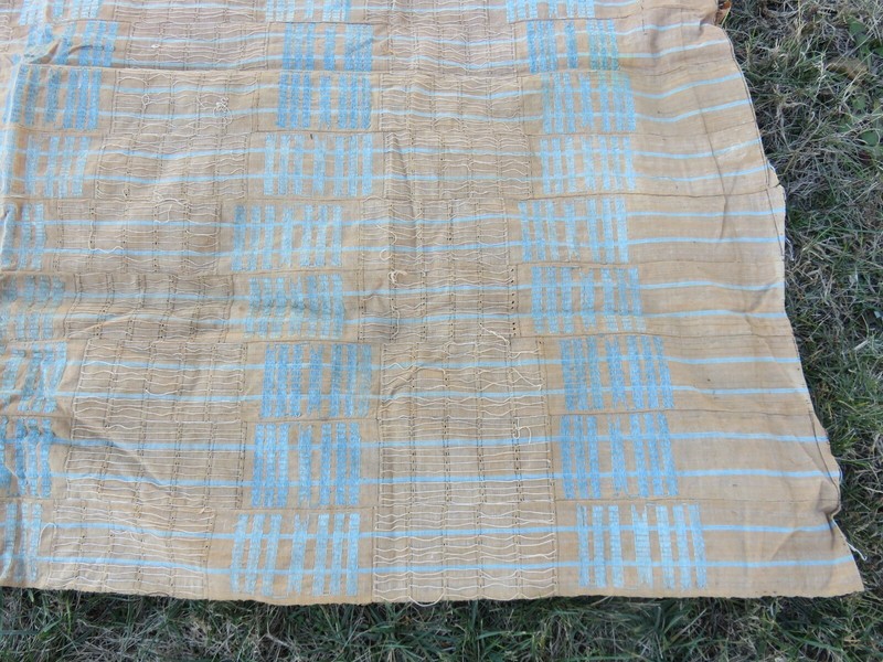 Old "Sanyan" Style "Aso-Oke" Strip-Woven Robe Nigeria Tan & Turq.Textile Yoruba gallery