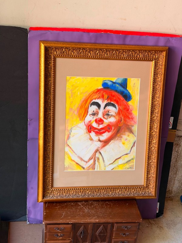Vintage Framed Clown Painting Signed J. Martel | Mid-Century Folk Art 29x23 gallery