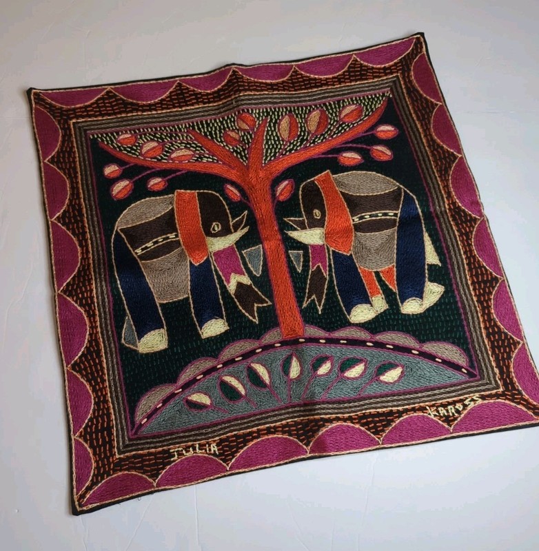 Kaross Hand Embroidered Elephant Pillow Cover South Africa signed Julia