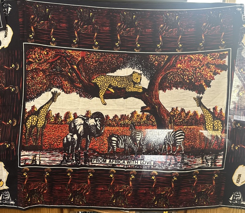 Vtg East Africa Kenya Textile Wall Art Cloth Blue Peacocks Africa Love Souvenir