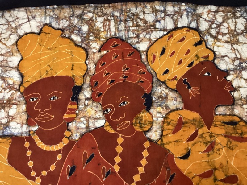 AFRICAN BATIK WALL HANGING 3 WOMEN COLORFUL NATIVE DRESS TEXTILE 32 x30" gallery