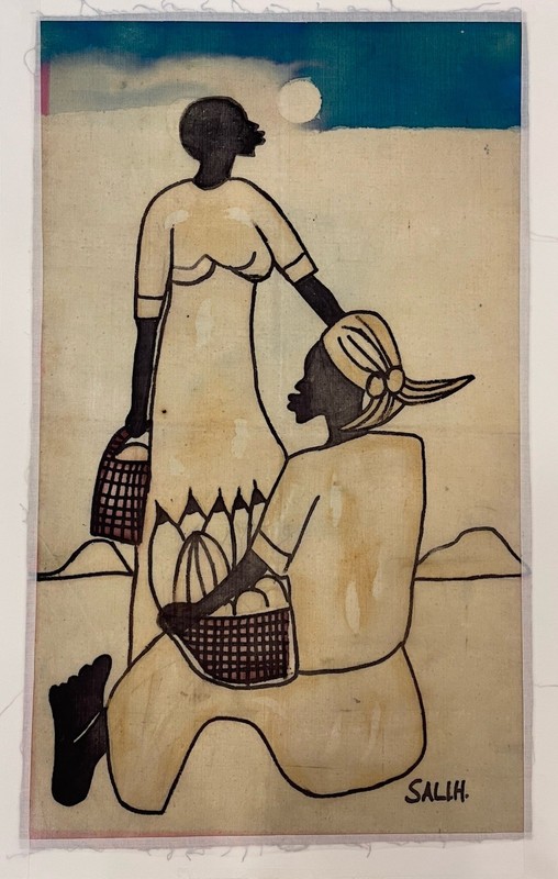 Vtg SIGNED Tribal Hand Painted Mud Cloth 24″ X 15″ Women Art Fabric Painting