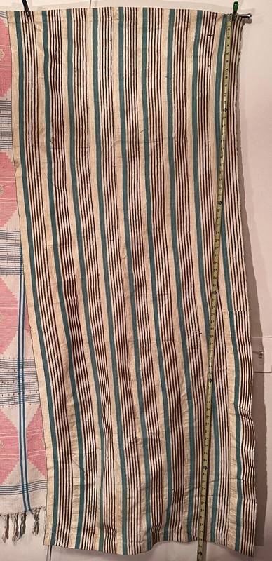 Nigerian Yoruban Aso Oke Cream Cyan Brown Silver Striped Textile 30” W x 71” H