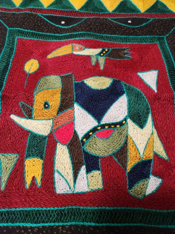 Hand Embroidered Kaross South African Pillow Cover Elephant Toucan Artist Signed gallery