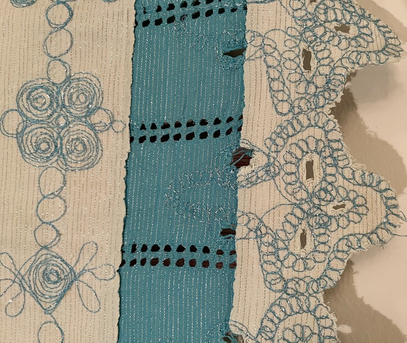 Nigerian Yoruban Aso Oke Blue White Embroidered Textile Tapestry 56” W x 76” H gallery