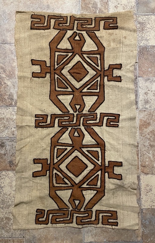 African Handmade Geometric Pattern Brown & Beige Kuba Cloth Textile – 40×22