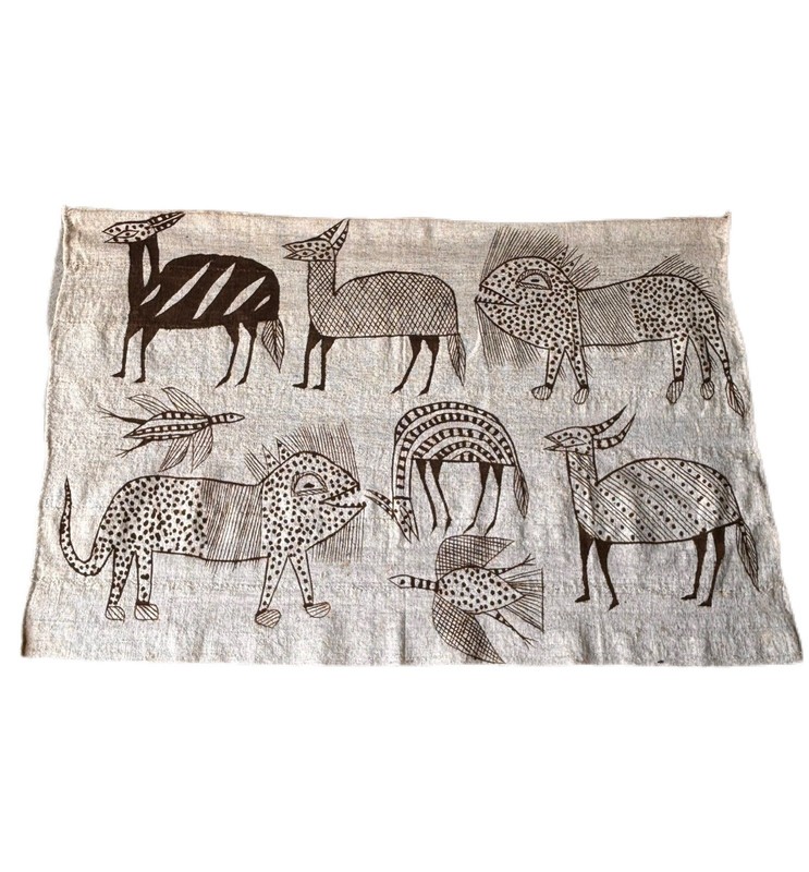 Vintage African Korhogo Mud Cloth Wall Hanging Animals Home Decor MCM Art