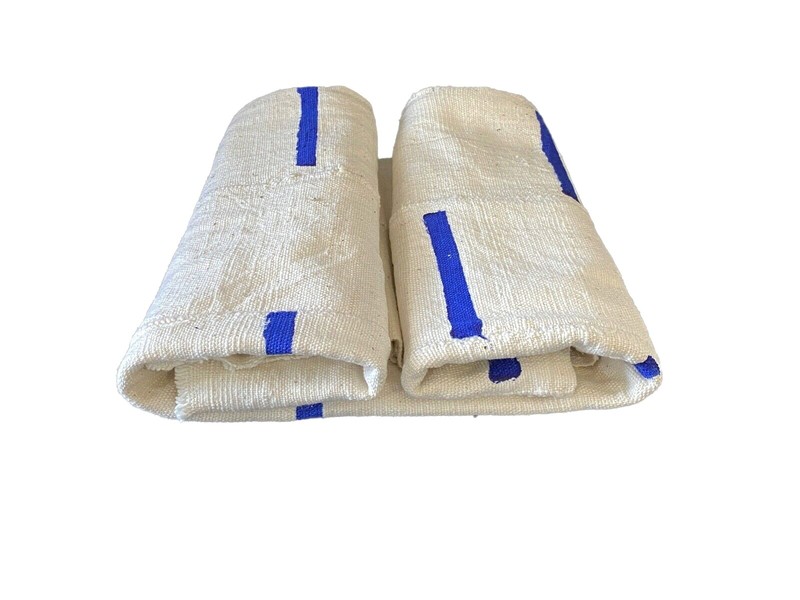 African Bogolan Textile Mud Cloth White & Blue 42″ by 62″