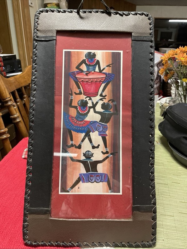 Vintage Africa Kenya Hand-Painted Leather Bound Frame Dancing Drum 19”x10”