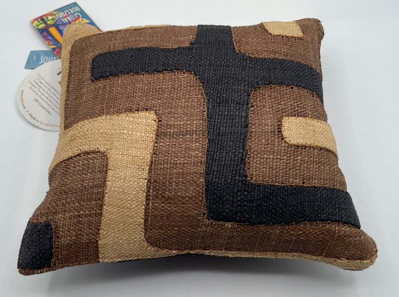 NWT Mini Kuba Cloth Raffia Accent Pillow 10x10" African Handmade Brown Black gallery