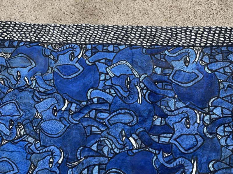 African Nigerian Batik Folk Art Hand Painted Textile Wall Hanging Blue Elephants gallery