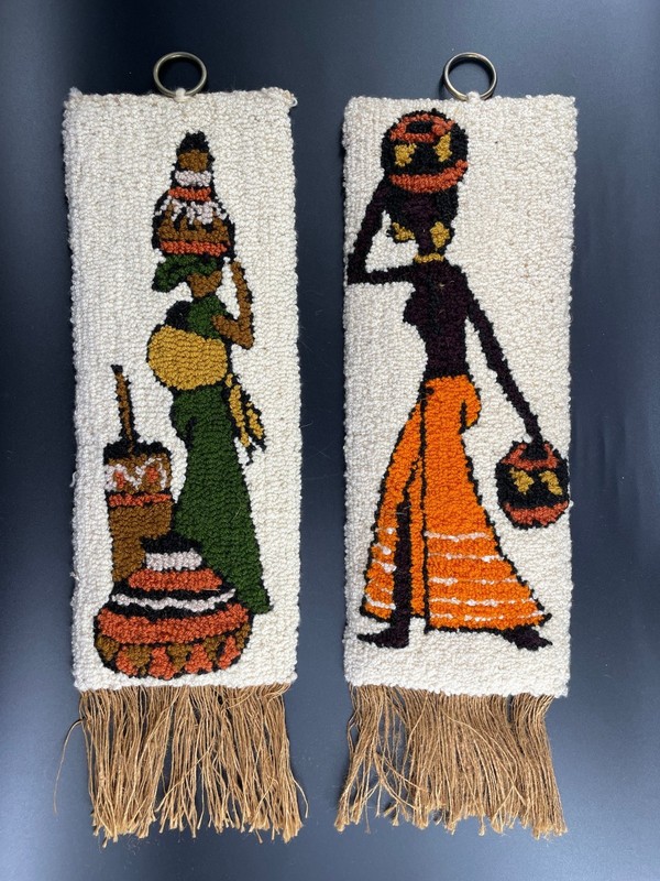 Vintage MCM African Women Wall Panel Pair - Woven Wool Tapestry - Tribal Woman
